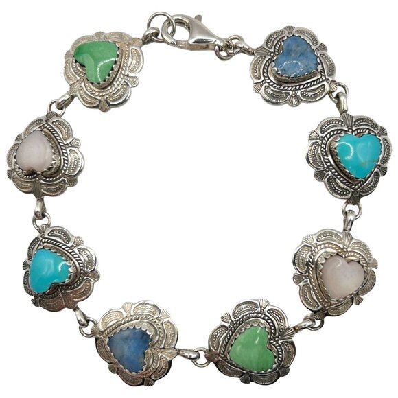 Quoc Turquoise QTC 925 Sterling Silver Multi-Stone Heart Link 7.75" Bracelet - Picture 1 of 6